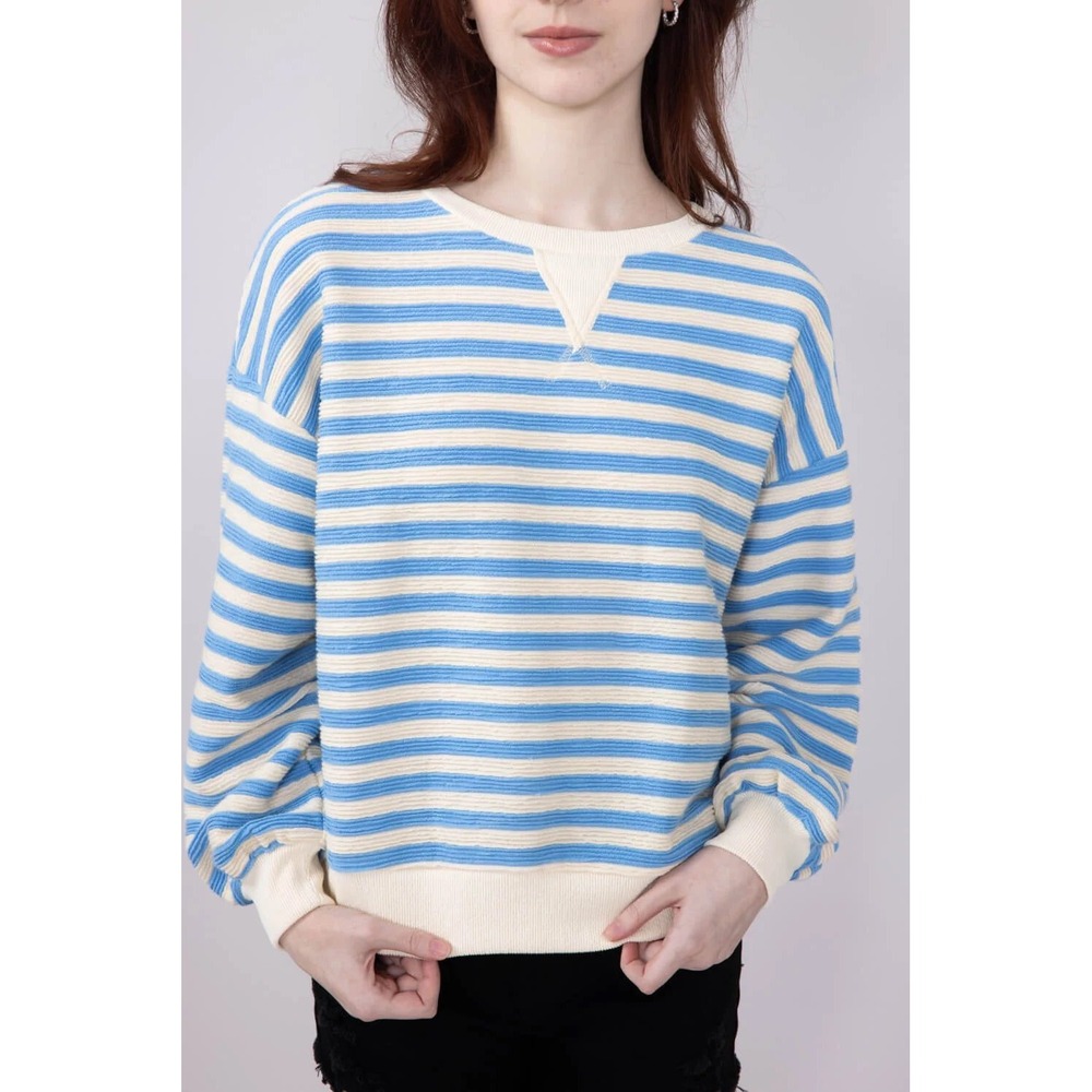 Blu Pepper Blue Cream Striped Crewneck Sweatshirt B4FT1040DG Women's Medium